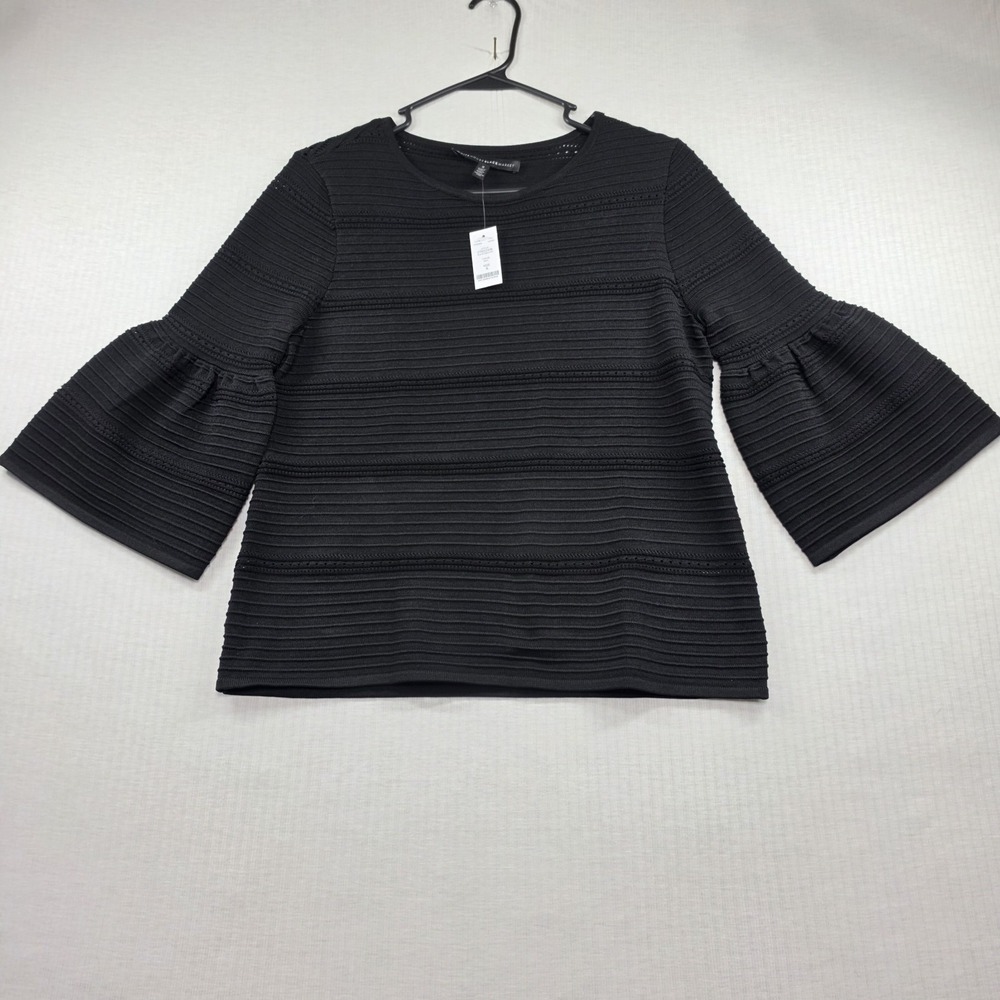 NWT White House Black Market Size S Black Ribbed Drama Sleeve Knit Blouse Top